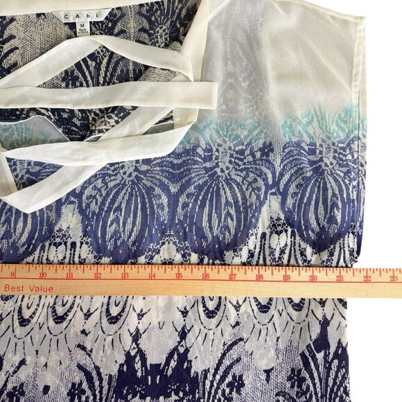 CAbi Blouse Medium Geo Moroccan Blue Print Tie Neck Flowy Layered Shell Top - Picture 13 of 14